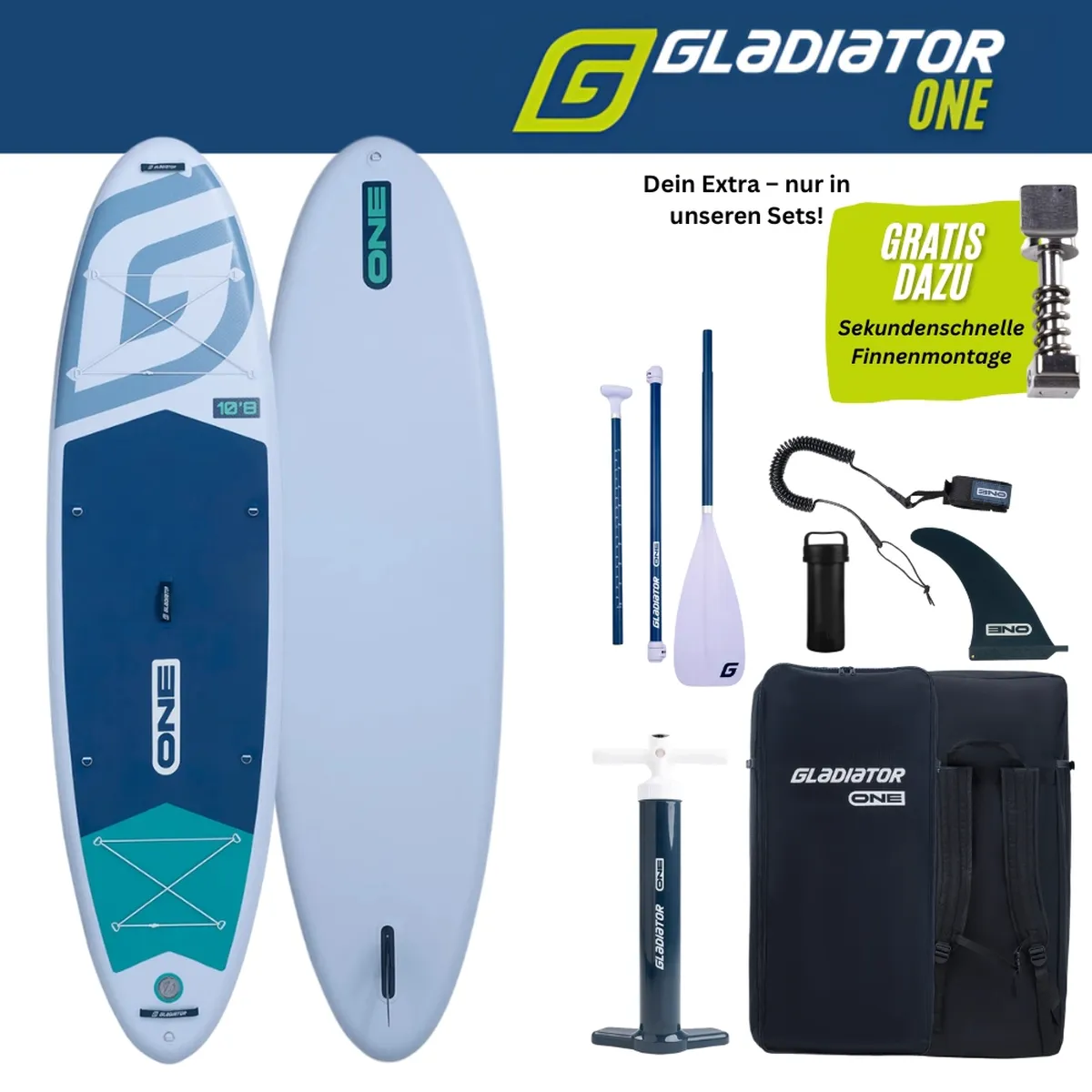 gladiator-one-10-8-allound-sup-board-aufblasbares-stand-up-paddle-board Gladiator One 10.8 aufblasbares Touring Stand Up Paddle Board für Einsteiger und Fortgeschrittene auf ruhigem See, stabiles SUP Board mit viel Volumen und Gepäcknetz vorne