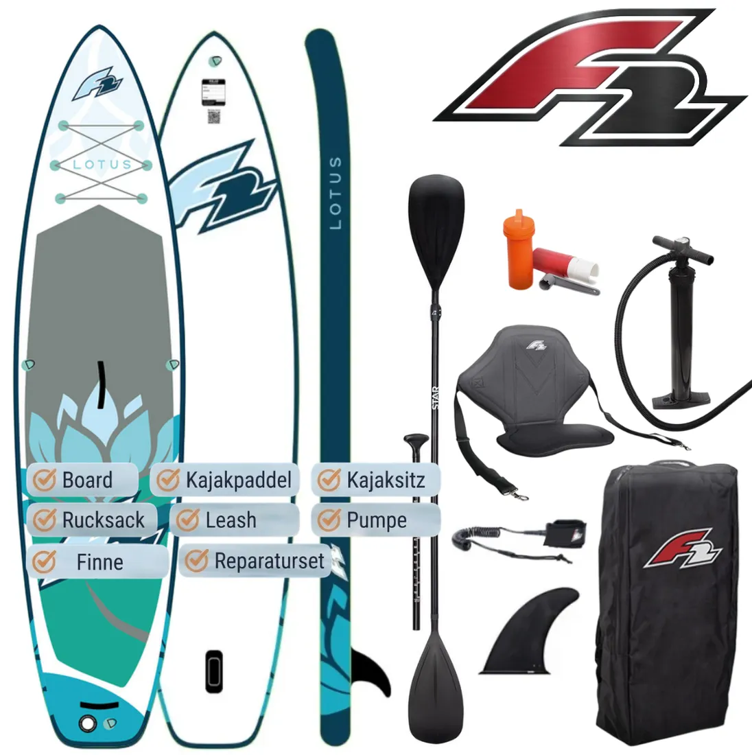 F2-lotus-blau-10-8-sup-set-stand-up-paddle-inkl-kajaksitz F2 Lotus 10'6″ Allround SUP 2026 – 323x84x15 cm | blau – Bild 1